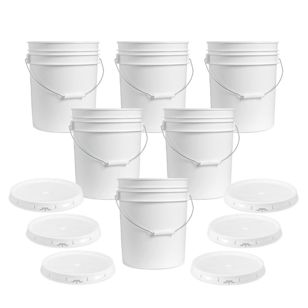 5-Gallon White Plastic Bucket with Lid - Durable 90 Mil All Purpose Pail - Food Grade - Contains No BPA Plastic - Recyclable - Made in USA - 6 Count