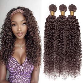Dokksiiia Chocolate Brown Curly Wave Bundles Human Hair Color #4 Dark Brown Kinky Curly Weave Brazilian Hair Extensions Weave 3 Bundles 18 20 22 Inch for Black Women