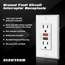 ELECTECK 5 Pack GFCI Outlets 15 Amp, Non-Tamper Resistant, Decor GFI Receptacles with LED Indicator, Ground Fault Circuit Interrupter, Wallplate Included, ETL Listed, Red/Black Button