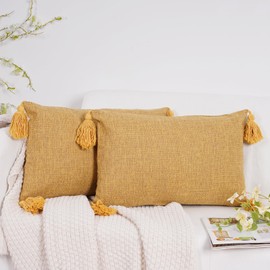 WOHUILAIL Decorative Natural Cotton Linen Lumbar Pillow Covers 12x20 Inch ​Boho Farmhouse Yellow Pillow Cover with Tassels Pack of 2 Accent Outdoor Pillowcase Sofa Cushion Livingroom Home Decor
