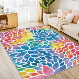 Abstract Colorful 6x9 Area Rug Modern Rainbow Dahlia Floral Rugs Multicolor Kids Area Rugs, Non-Slip Machine Washable Floor Carpet for Bedroom Living Room Home Office Decor 6' x 9'
