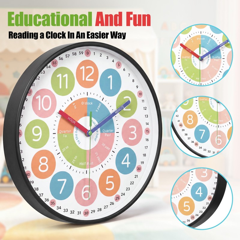 12" Educational Wall Clock, Colorful Time Teaching Analog Clock