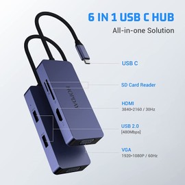 USB C Multiport Hub, 6 in 1 USB C Adapter Triple Display USB C to HDMI, VGA, Dongle for Type C Laptop and Tablet, Multiport USB C Hub with USB A, SD/TF Card Reader
