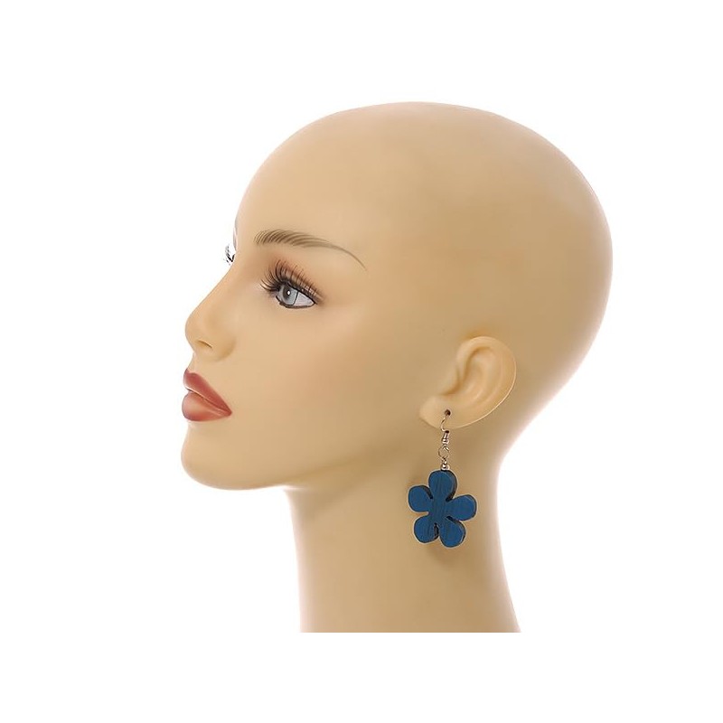 Blue Coloured Wood Flower Drop Earrings - 60mm L