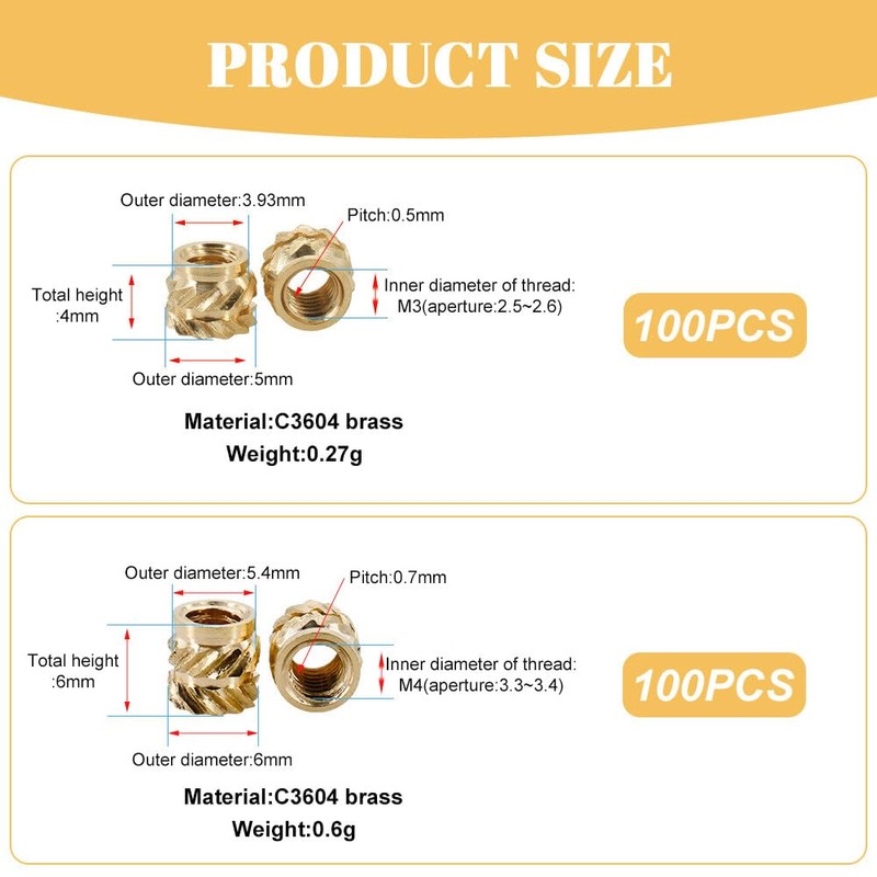 Lvjkes Pack of 200 Threaded Inserts, M3 M4 Press-in Nuts,