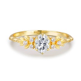 AIBELOPY 925 Sterling Silver Cubic Zirconia Leaf Rings for Women 14K Gold Plated Dainty Stackable Statement Rings Moissanite Rings Engagement Bands Jewelry (Gold, 7)