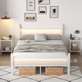 CollaredEagle Full Bed Frame with Headboard and Footboard,Heavy Duty Steel Slats Support Metal Bed Frame with Charging Station,White