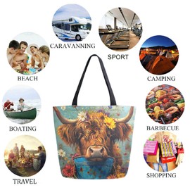 ZzWwR Chic Extra Large Shoulder Grocery Tote Bag, Farm Highland Cow Flower Blue Bucket Canvas Daily Gym Weekender Beach Travel Kitchen Reusable Market Shopping Handle Bag, Zzdf69758455p281c318s555
