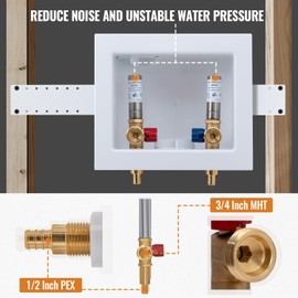 SUNGATOR Washing Machine Laundry Outlet Box, Washer Water Valve Wall Box with Center Drain, 1/2 Inch Pex Crimp Inlet x 3/4 Inch MHT Outlet, with Stainless Steel Water Hammer Arrestor and 4 Crimp Rings
