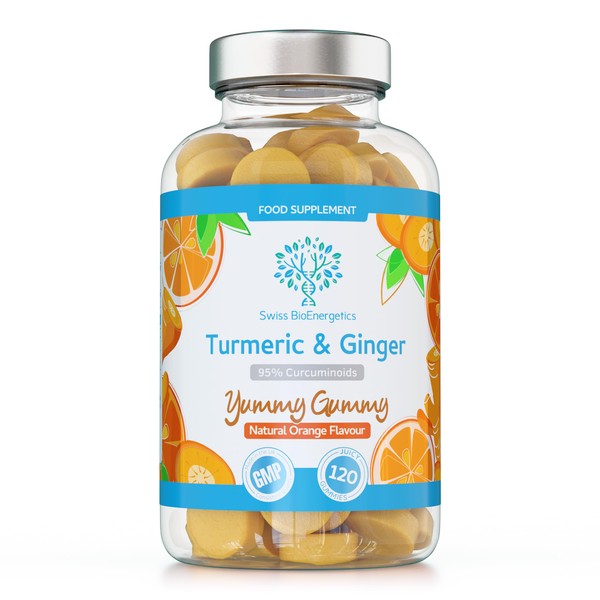 Turmeric Curcumin Gummies with Ginger - 120 Natural Orange Flavour Juicy Yummy Gummies – with a Huge 95% curcuminoids, Vegan & Gelatin Free – 2 Month Supply for Men, Women & Children – Made in The UK