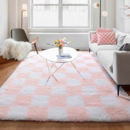 KICMOR 5x7 Area Rugs for Living Room, Fluffy Soft Light Pink and White Checkered Rug Fuzzy Shag Shaggy Carpet for Bedroom, Cute Furry Plush Rug for Teen Kids Girls Dorm Nursery Playroom Home Decor