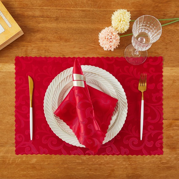 HommxJF 8 Pieces Wave Scroll Damask Jacquard Red Placemats,13 x