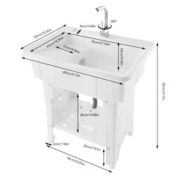 KELIBI Laundry Sink, Plastic Utility Sink+Removable Washboard, Portable Garage Washing Station w/Cold Hot Water Faucet Hoses&Drain Kit, Public Pet Bath Storage Rack For Indoor Outdoor-White 80 Types