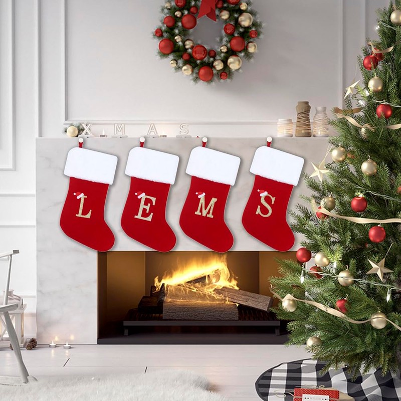 CHRLRewa 20 Inches Initial Monogram Embroidered Christmas Stocking Red Velvet