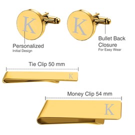 BodyJ4You 4PC Cufflinks, Tie Bar, Money Clip - Initial K Engraving Alphabet Letter - Mirror Polished Goldtone Steel Jewelry Set - Men's Cuff Links Shirt Formal Suit - Fathers Day Wedding Groom