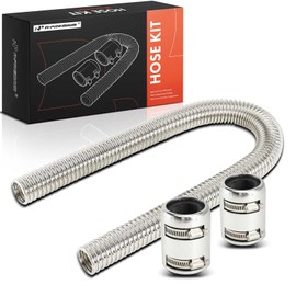 A-Premium 36" Universal Flexible Radiator Hose - Stainless Steel Water Hoses Adapter Coolant Hose Kit - with 2Pcs Polished Aluminum Caps (4 Clamps) Silver
