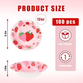 Whaline 100Pcs Strawberry Paper Bowls Pink Red Strawberry Flower Disposable Serving Bowls Cute Ice Cream Bowl for Birthday Baby Shower Party Supplies