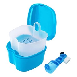 Denture Box Cleaning Set with Denture Brush, Denture Box Prosthesis Container with Hanging Strainer, Portable Denture Box, Braces Box, Storage Box (Light Blue)