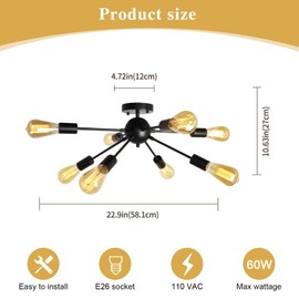 Jasopaco Black Sputnik Chandelier Light Fixture, 8 Lights Modern semi Flush Mount Ceiling Lighting Fixtures, Industrial Chandelier for Dining Room Living Room Bedroom Kitchen.