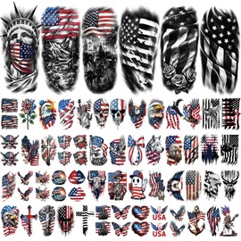 77 Sheets Independence Day Temporary Tattoos, USA Flag Patriotic Waterproof Fake Tattoos, Red White and Blue Party Supplies Tattoo for 4th of July Memorial Day, Veterans Day Tattoos