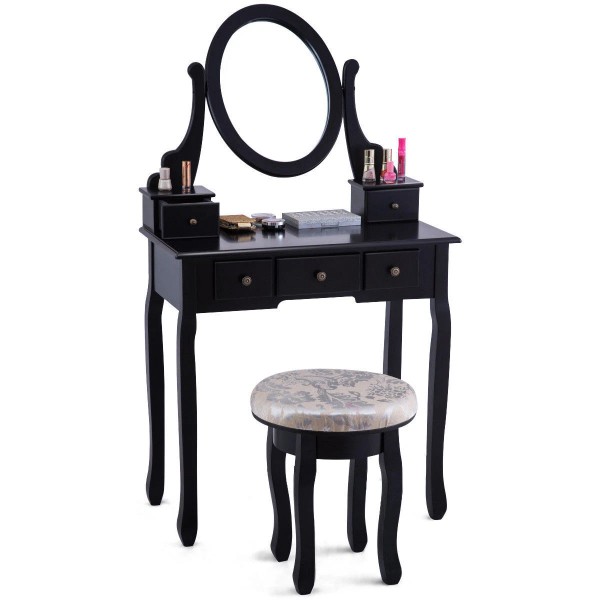 Costway Vanity Table Set Makeup Table Cushioned Stool Mirror 5