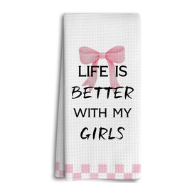 Preppy Coquette Pink Bow Bathroom Hand Towels 16x24 Inches, Life is Better with My Girls Decorative Kitchen Dish Hand Towels for Girls Bathroom Decor, Girl Mom Gifts