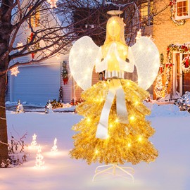Tangkula 5.2 FT Lighted Angel with Christmas Tree Skirt, Indoor/Outdoor Pre-Lit Angel Figure Xmas Tree Holiday Decoration with Warm White LED Lights, Golden Leaves, Metal Base, Bow for Yard Garden