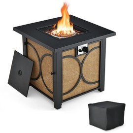 Giantex 28” Outdoor Fire Pit Table - 50,000 BTU Square Metal Fire Table with Lid, PVC Cover, Glass Stones, CSA Approved, 2-in-1 Ignition Propane Gas Fire Table for Outside Patio Garden Backyard Deck