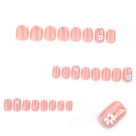 Foccna White Press on Nails Square Medium Acrylic False Nails Short French Fake Nails,Artificial Glossy Flower Design Pink Nails for Women and Girls, 24 pcs