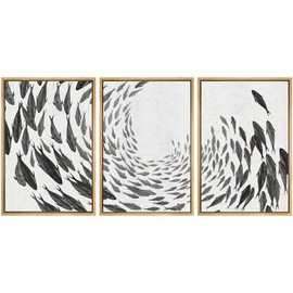 SIGNWIN Framed Canvas Print Wall Art Swirling School of Fish Abstract Shapes Illustrations Modern Art Minimalist Relax/Calm Black and White for Living Room, Bedroom, Office - 24"x36"x3 Natural