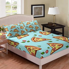 Kids Cartoon Pizza Bed Sheet Set Teens Modern Boho Fitted Sheet for Kids Adult Soft Green Yellow Pizza Bed Sheet Set Bed Cover Room Decor Twin Size