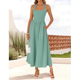 ZESICA Women's Summer Sleeveless Halter Midi Dress 2025 Off Shoulder High Waist Swing Flowy Beach Long Dresses,Sage,Small