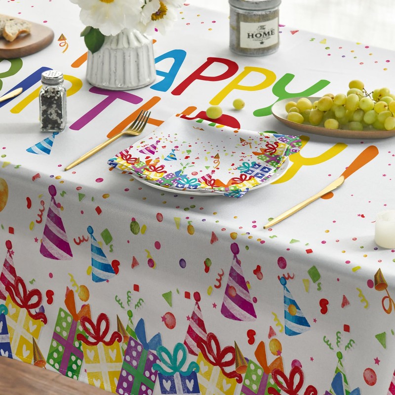 Horaldaily Birthday Tablecloth 52x70 Inch Rectangular, Happy Birthday Ballon White