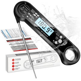 BEE&FLOWER Digital Meat Thermometer Instant Read,Candy Thermometer with LCD Backlight,Food Thermometer for Cooking, Foldable Probe Meat Thermometer Digital for Grilling Baking Frying (Black)