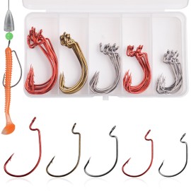 Bass Hooks Worm Hooks Ewg Hooks Kit, 50pcs Offset Worm Hooks Texas Rig Hooks 2X Strong Fishing Hooks for Soft Bait Jig Fish Hooks for Bass Trout Saltwater Freshwater Fishing Size 1/0-5/0