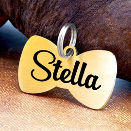 Ultra Joys Custom Dog ID Tag - Engraved Pet ID Tag | Stainless Steel Bowtie Large Gold