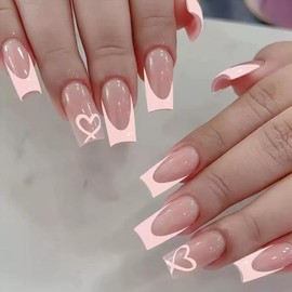 Pink French Tip Press on Nails Coffin - Medium Fake Nails with Heart Design - Glossy Full Cover Stick on Press ons for Women Manicure Kit 24 Pcs