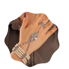 YERTTER Vintage 1920S Flapper Pearl Bracelet Silver Rhinestone Finger Ring Link Bracelet Stretch Adjustable Hand Chain for Wedding Brides