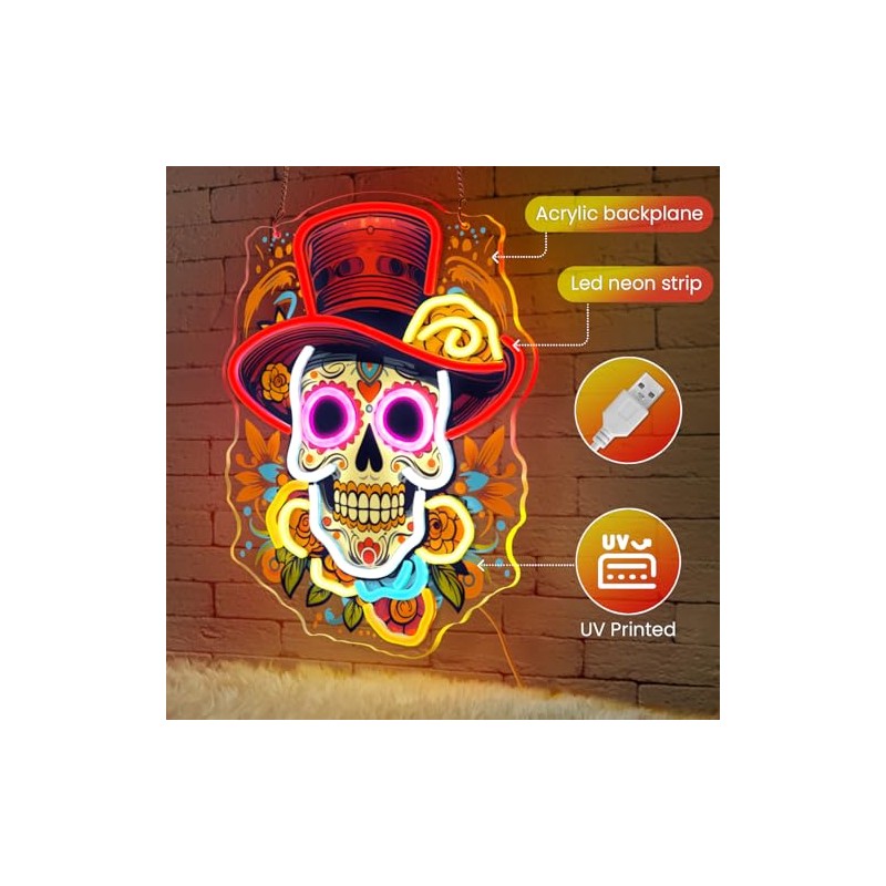 Sneignon Dia De Los Muertos Decorations,Letrero de neón de calavera