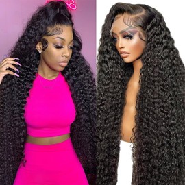 Lace Front Wigs Human Hair Deep Wave Human Hair Wig For Black Women 13x6 HD Lace Frontal Wig Glueless Wig Human Hair Pre Plucked With Baby Hair Black Brazilian Real Human Hair 180% Denisty Wig 22 Inch