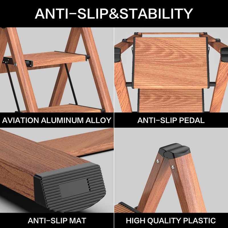 GameGem 3 Step Ladder, Aluminum Folding Step Stool with Anti-Slip