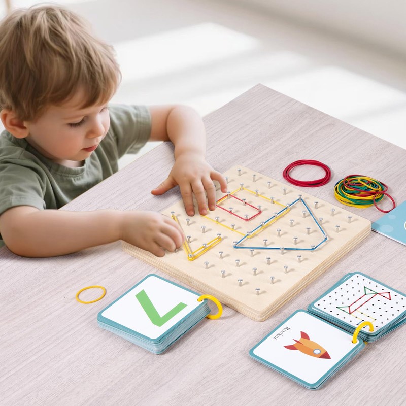 Auvewilo Wooden Geoboard | Cute Flashcards & Rubber Bands Included