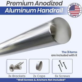6FT Aluminum Handrail Kit for Indoor/Outdoor Stairs (2–18 FT Available) 1.6" Round Wall Mount Stair Railing, Stainless Steel Look, with Adjustable Steel Brackets Complete DIY Grab Bar Kit ARESSCORP