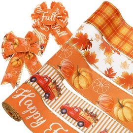 Whaline 5 Rolls Fall Wired Edge Ribbon 30 Yards 2.5 Inch Orange Autumn Pumpkin Truck Plaids Ribbon for Bow Wreath Craft Gift Wrap Thanksgiving Harvest Wedding Birthday Party Decor