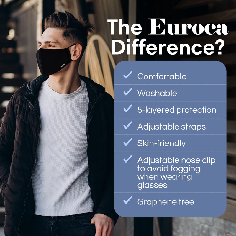 Euroca - Cloth Face Mask, 3 Layers Cotton Face Masks,