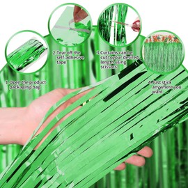 Green Curtains for Party Decorations, 3 Pack 3.2ft x 8.2ft Green Streamers, Birthday Decorations Football Party Decorations Jungle Party Decorations, Green Backdrop Photo Booth Props Party Supplies