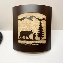 Rustic Bear and Cub with Pine Wall Sconce – Frosted Amber Glass & Burnished Bronze Metal Light - Lodge Cabin Decor - Woodland Nature Wall Light Fixture