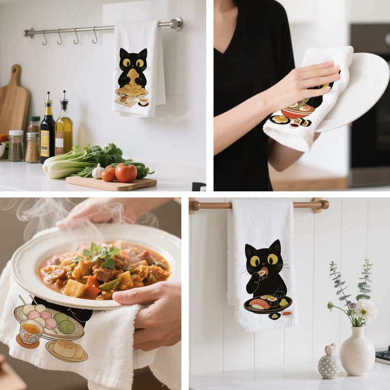 CUTHOLLOW 4Pcs Black Cats Ramen Kitchen Towels Cute Tea Towels