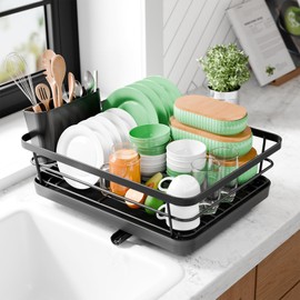 Kitsure Dish Drying Rack - Compact Dish Rack with Utensil Holder & Adjustable Water Outlet, Rust-Proof & Scratch-Resistant Drying Rack for Kitchen, 15.5" x 12.0" x 5.0", Black