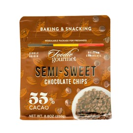Foodie Gourmet Belgium Semi-Sweet Chocolate Chips for Cookies, Brownies, Muffins, Cakes, Desserts, Snacking & Candy Making, Rich & Balanced Gourmet Baking Chips 8.8 oz | 55% Cacao